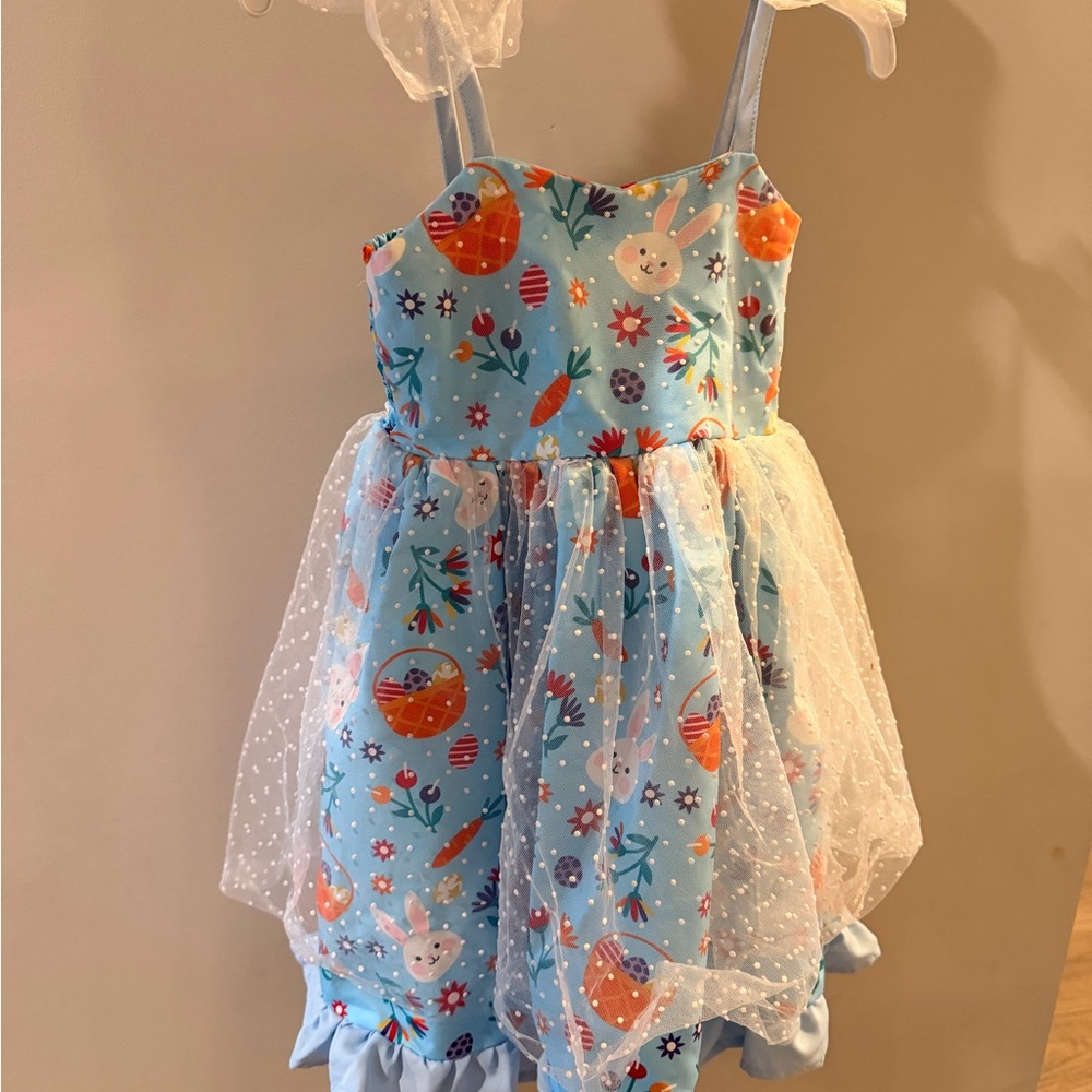 Blue Easter Bunny Dress with Tulle Overlay